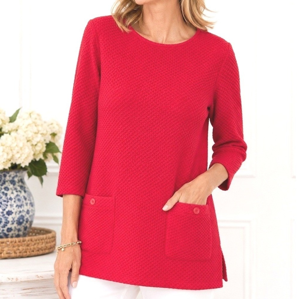 Coldwater Creek‎ Red Textured Tunic Top 3/4 Sleeve Pockets Size S 14818